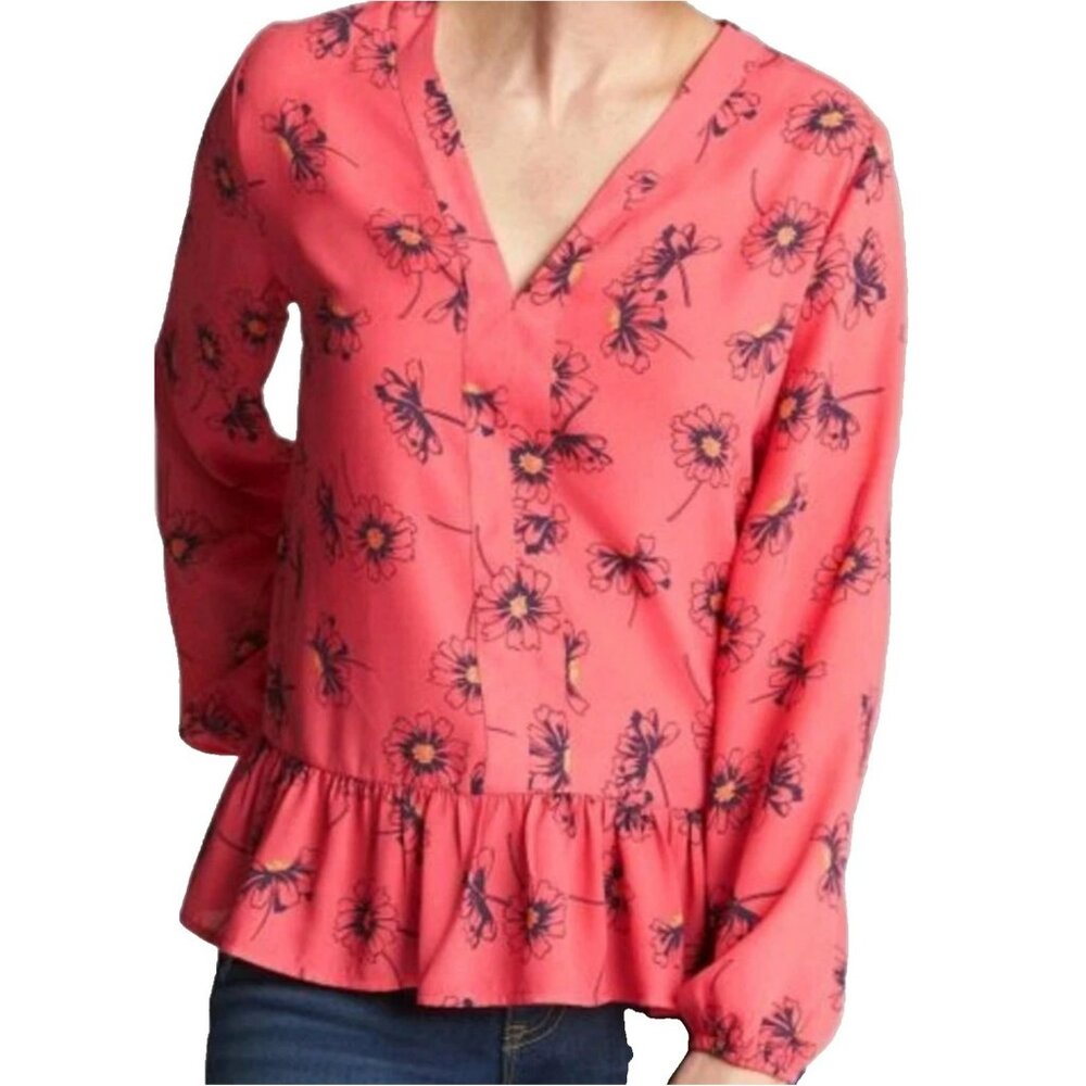 Gap Blouse Size XS Coral Flounce Peplum LS Dressy Shirt V-Neck Lightweight NEW
